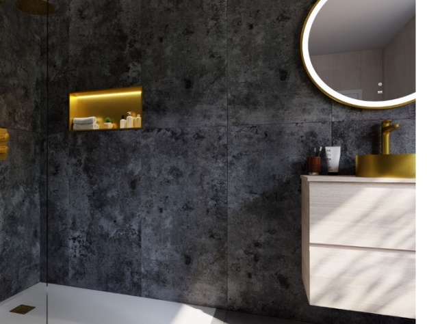 Bathroom trends 2026 main image showing dark bathroom with niche, wetroom and vanity unit